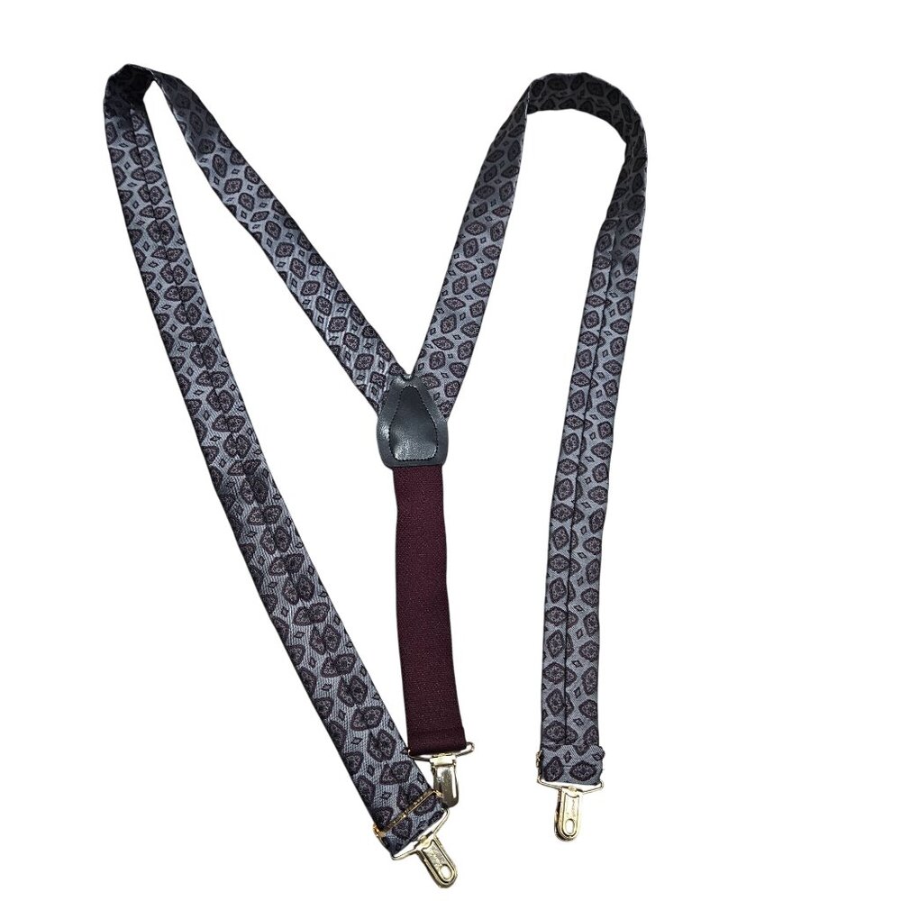 Mens Vintage Germany Suspenders Adjustable Clip-On Burgundy Gray Geometric